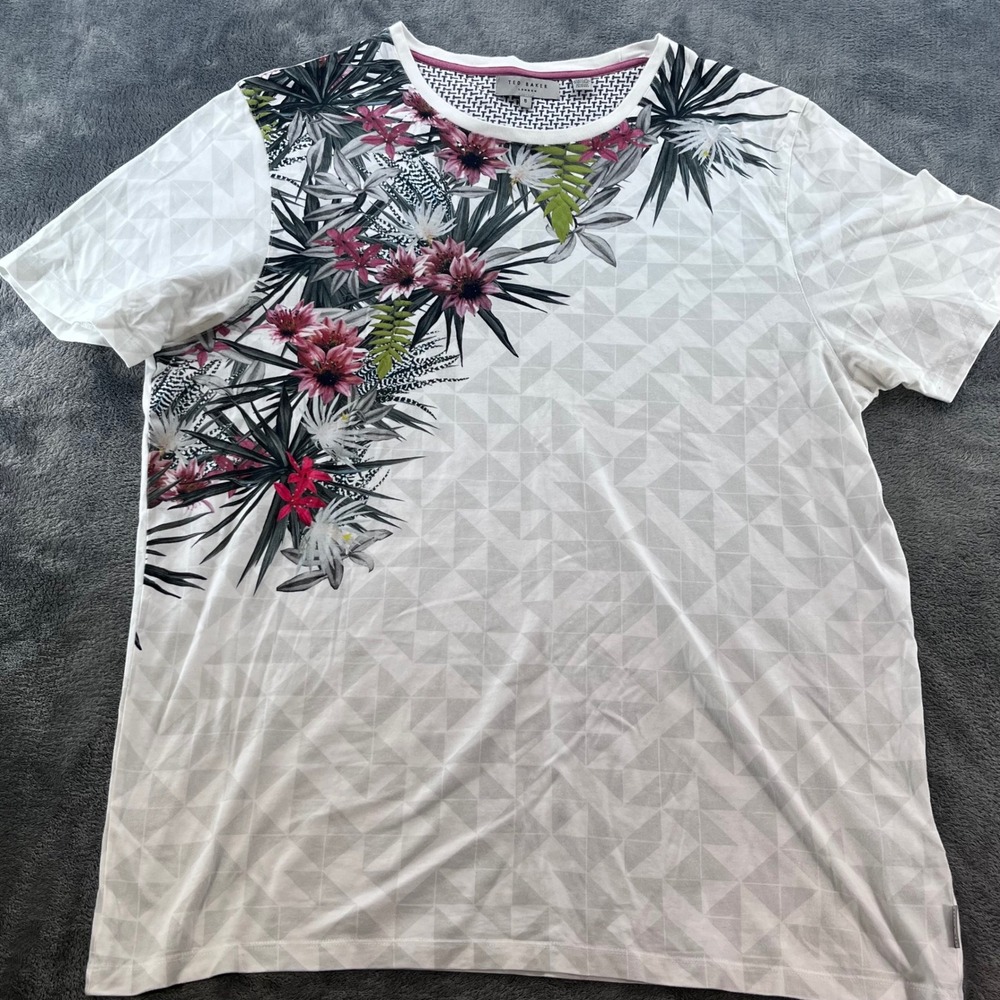 Ted Baker London Mens Lassie White Tropical Floral Geometric T-Shirt Size 5 XL